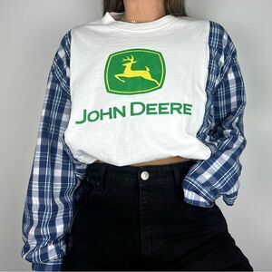 John Deere Reworked Upcycled Western Blue Green Plaid Long Sleeve Casual Shirt